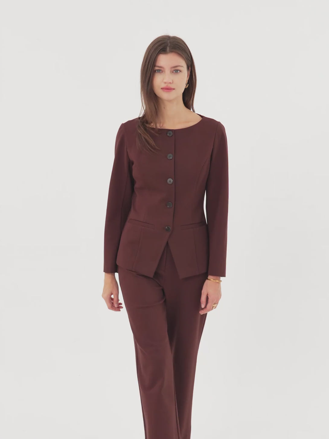 2Pcs Set Boatneck Blazer & High Rise Wide Leg Trousers with Zippered Pockets