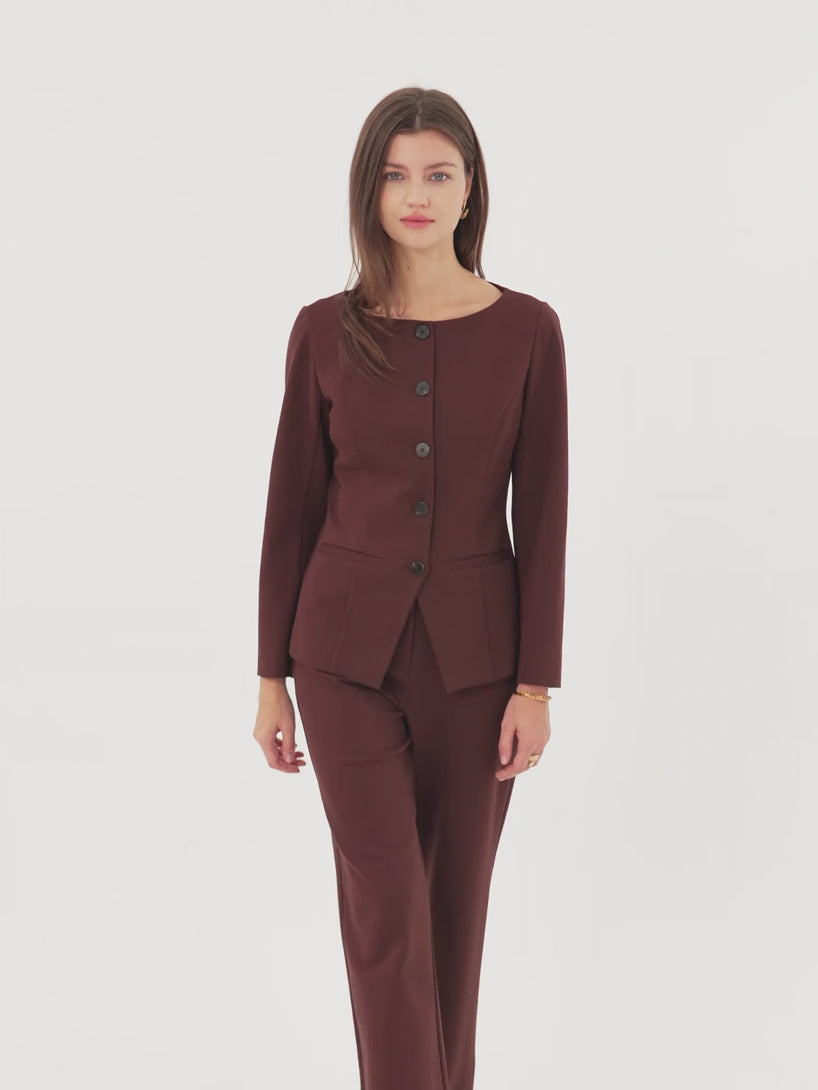 2Pcs Set Boatneck Blazer & High Rise Wide Leg Trousers with Zippered Pockets