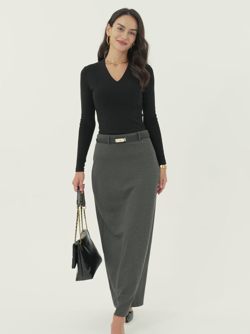 Stretchy Mid Rise Pencil Midi Skirt with Slit