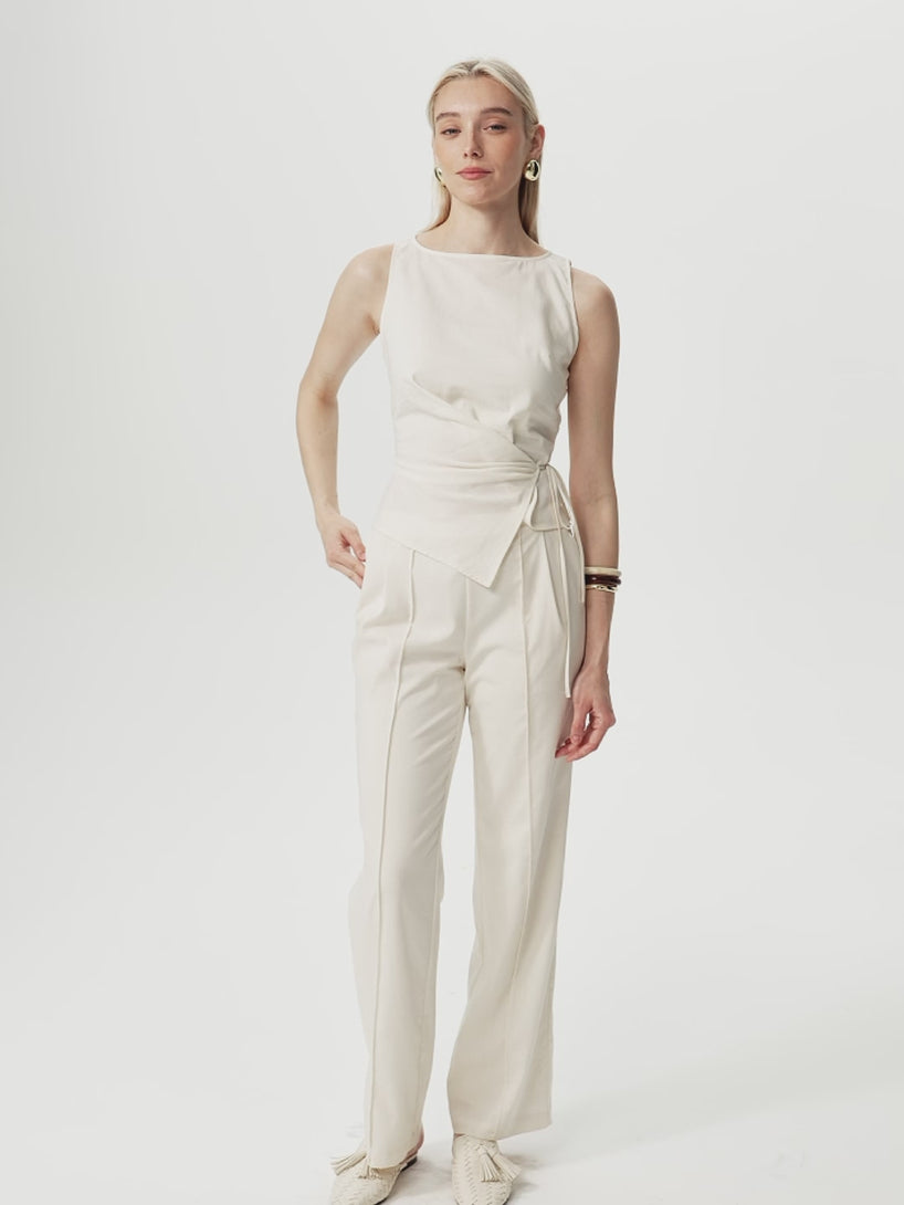 OGLmove 2Pcs Set Boatneck Waist-Defined Top & Pintuck Wide Leg Pant