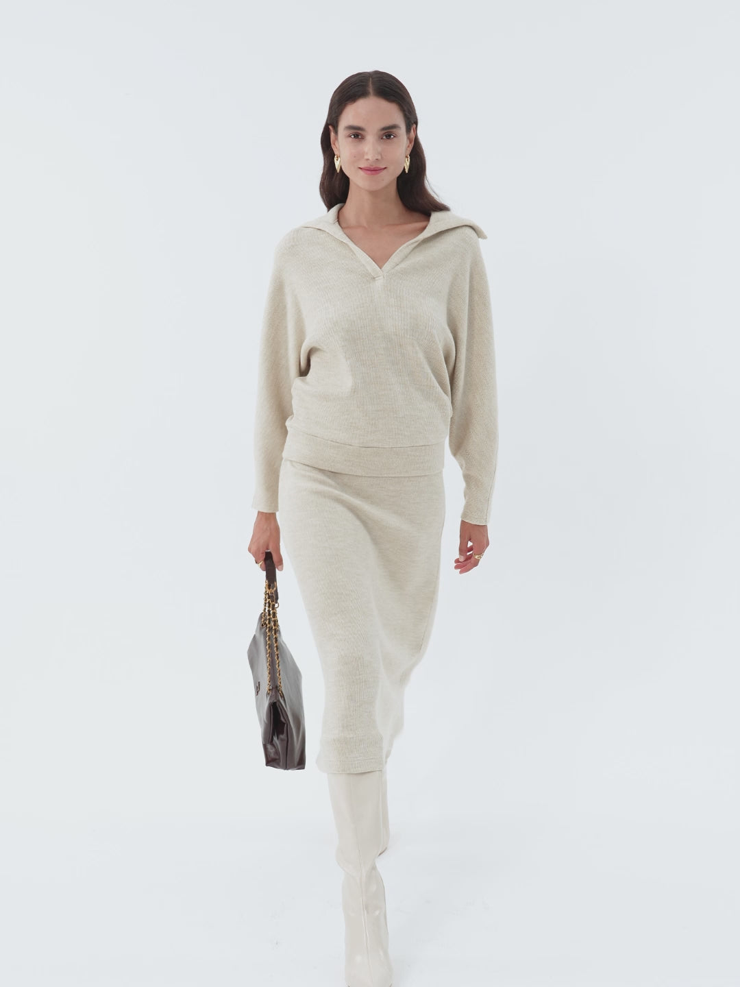 2Pcs Set Collared V-Neck Batwing Sleeve Pullover & Ribbed Midi Pull-on Skirt