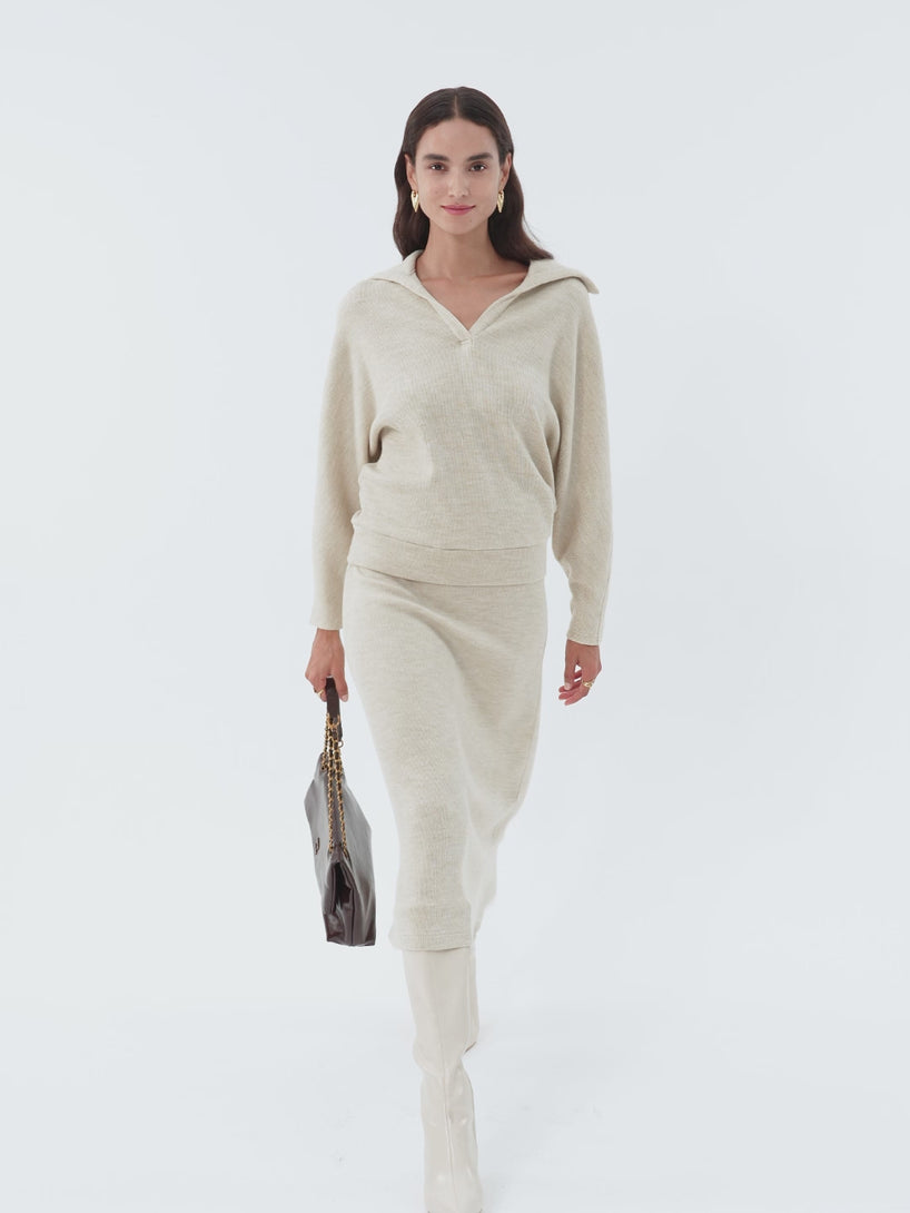 2Pcs Set Collared V-Neck Batwing Sleeve Pullover & Ribbed Midi Pull-on Skirt