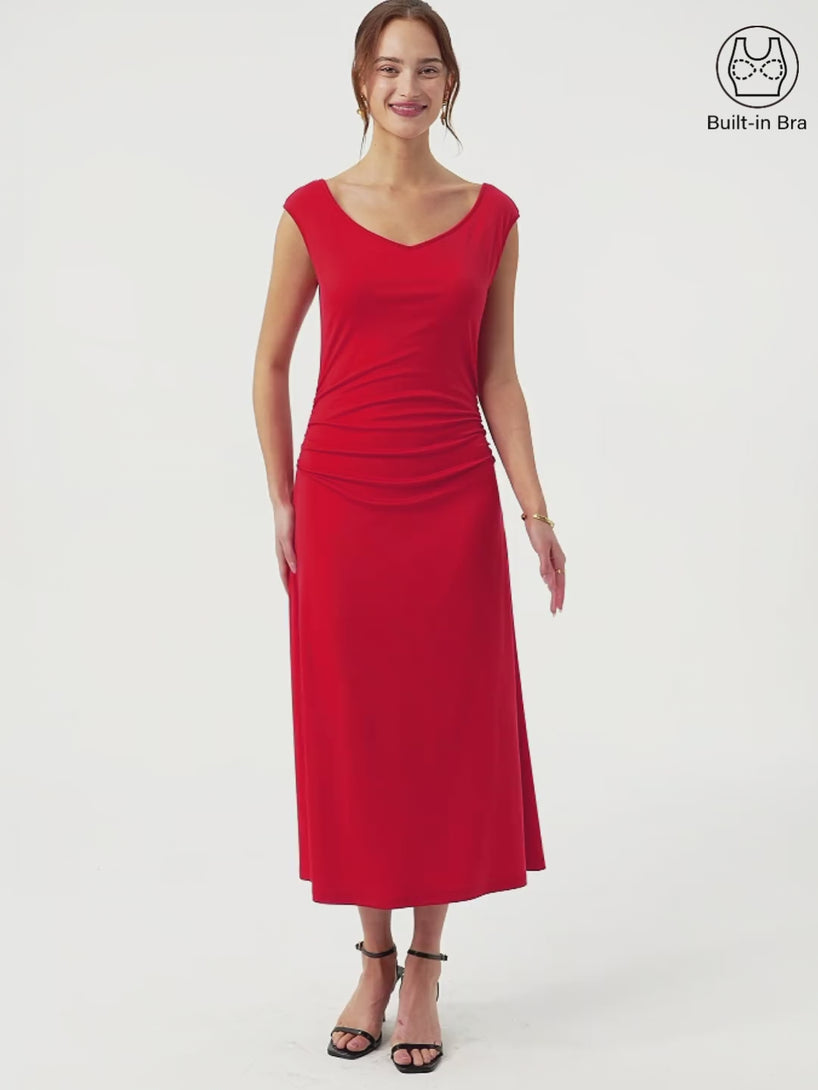 OGLmove Cooling Lyocell V-Neck Ruched Midi Bra Dress