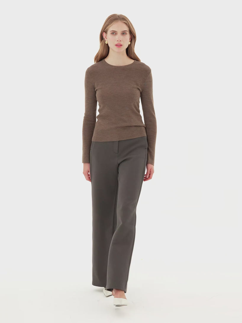 OGLmove 100% Merino Wool Round Neck Long Sleeve Button-Cuff Sweater