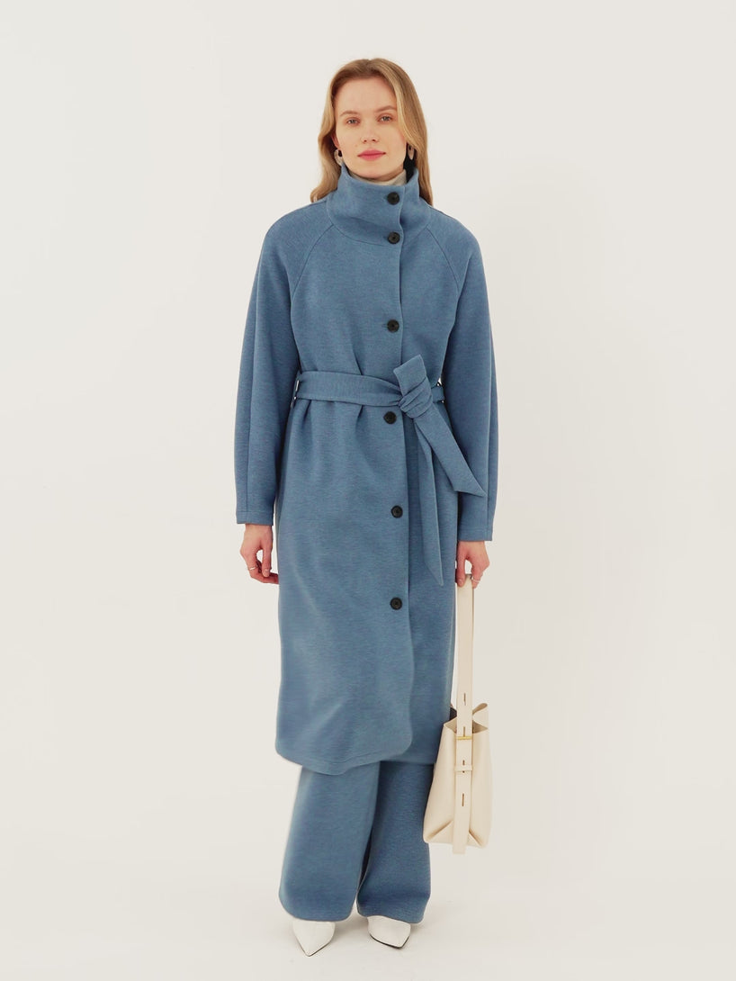 2Pcs Set FuzzLuxe Belted Tunnel Coat & Mid Rise Straight Leg Pull-on Pants