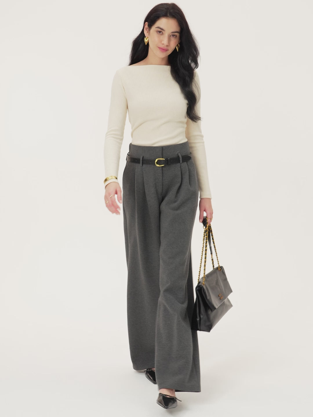 Cozy Warm High Rise Wide Leg Trousers with Pockets