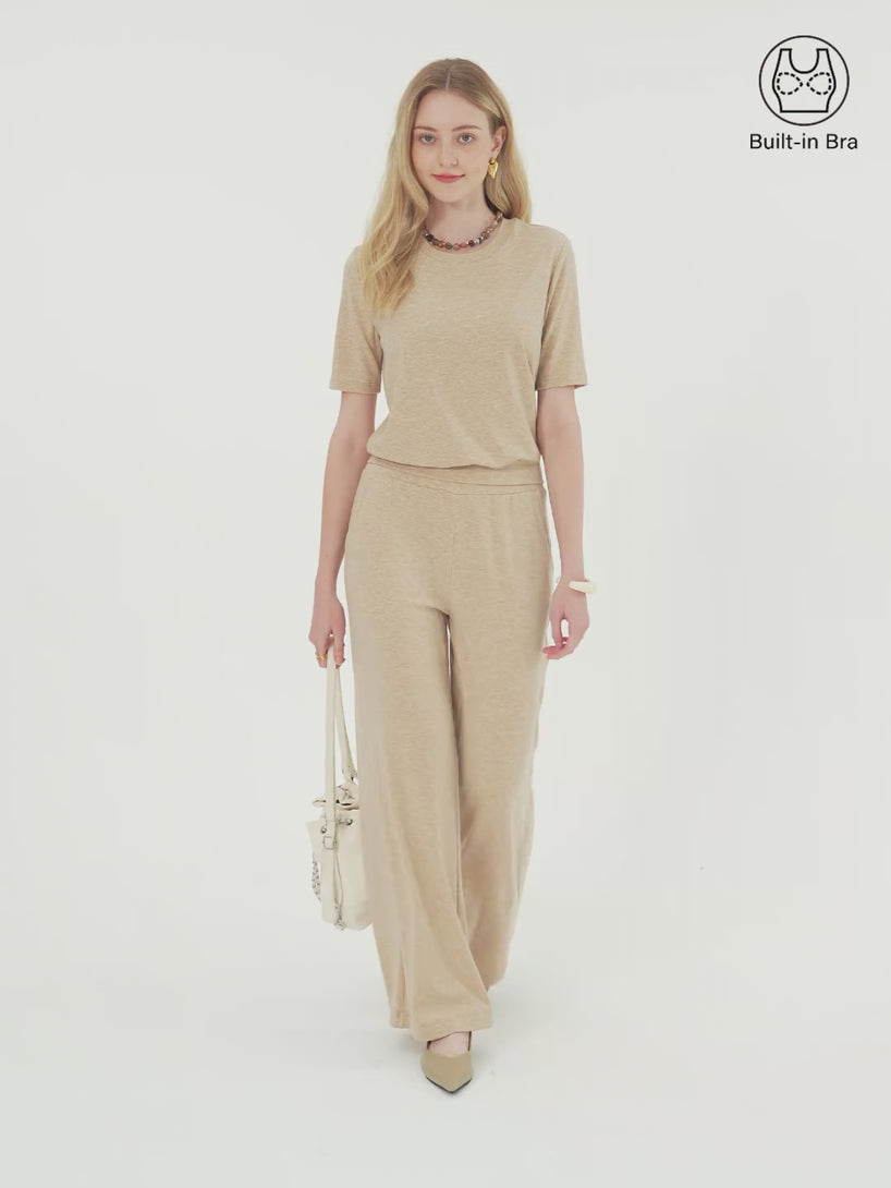 OGLmovede 2Pcs Set Regular Mid Rise Wide Leg Pants & Crewneck Bra Top