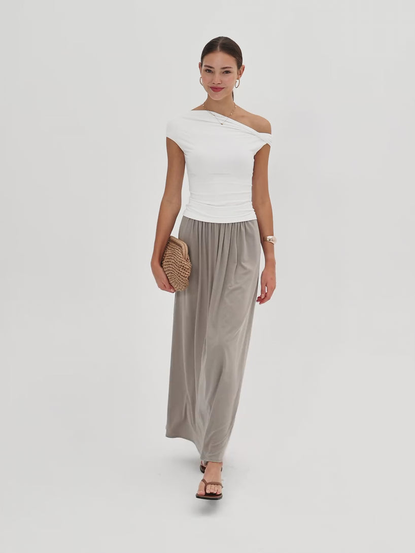 OGLmove Soft Linen Knit Gathered A-Line Maxi Skirt with Pockets