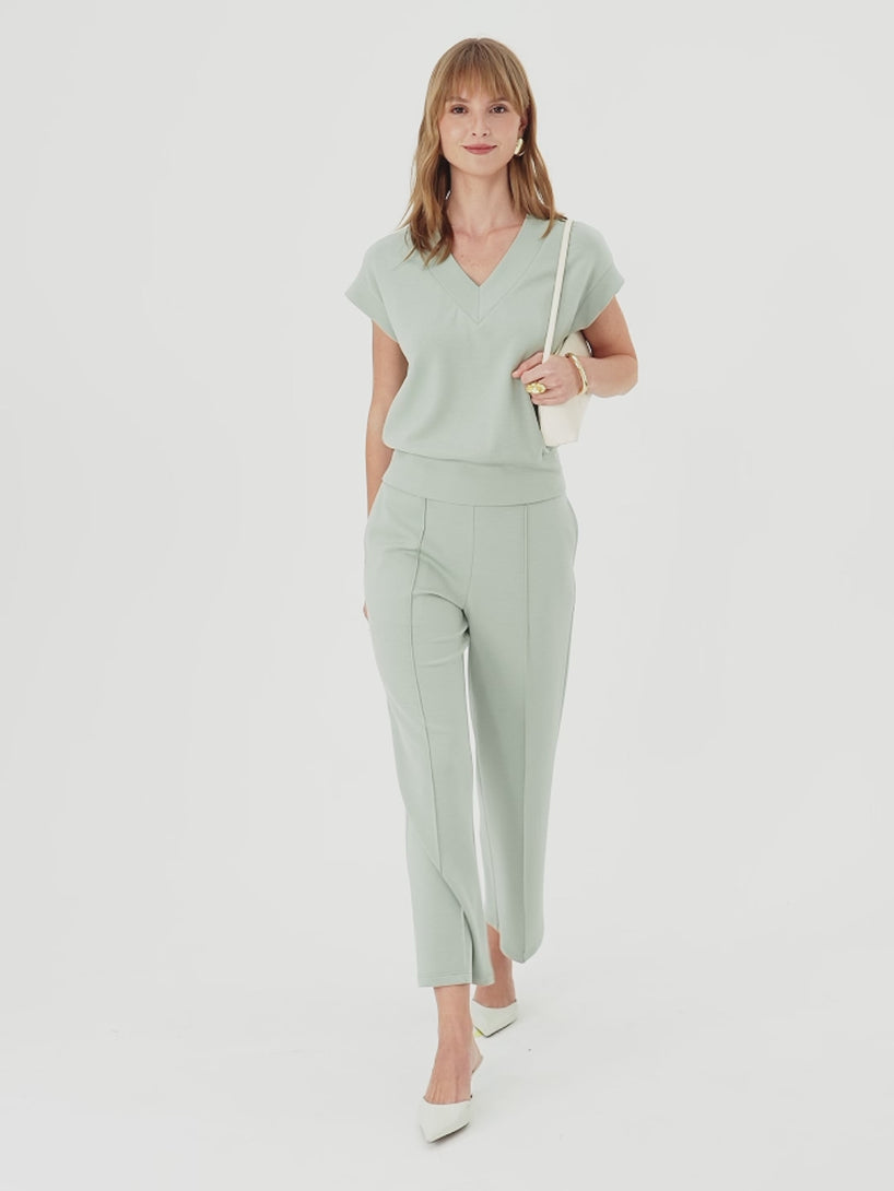 OGLmove 2Pcs Set Round Neck Puffed Short Sleeve Top & Cropped Straight-Leg Pants with Pockets