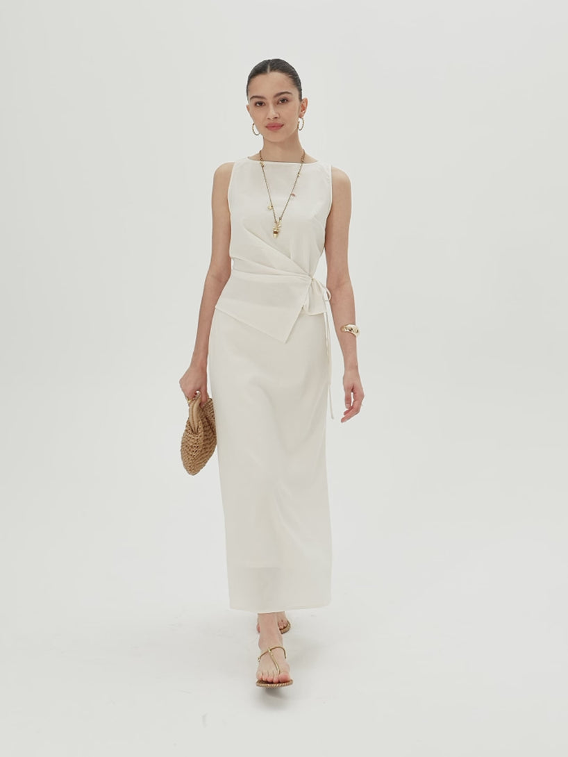 OGLmove 2Pcs Set Boatneck Waist-Defined Top & Maxi Flared Pull-On Skirt