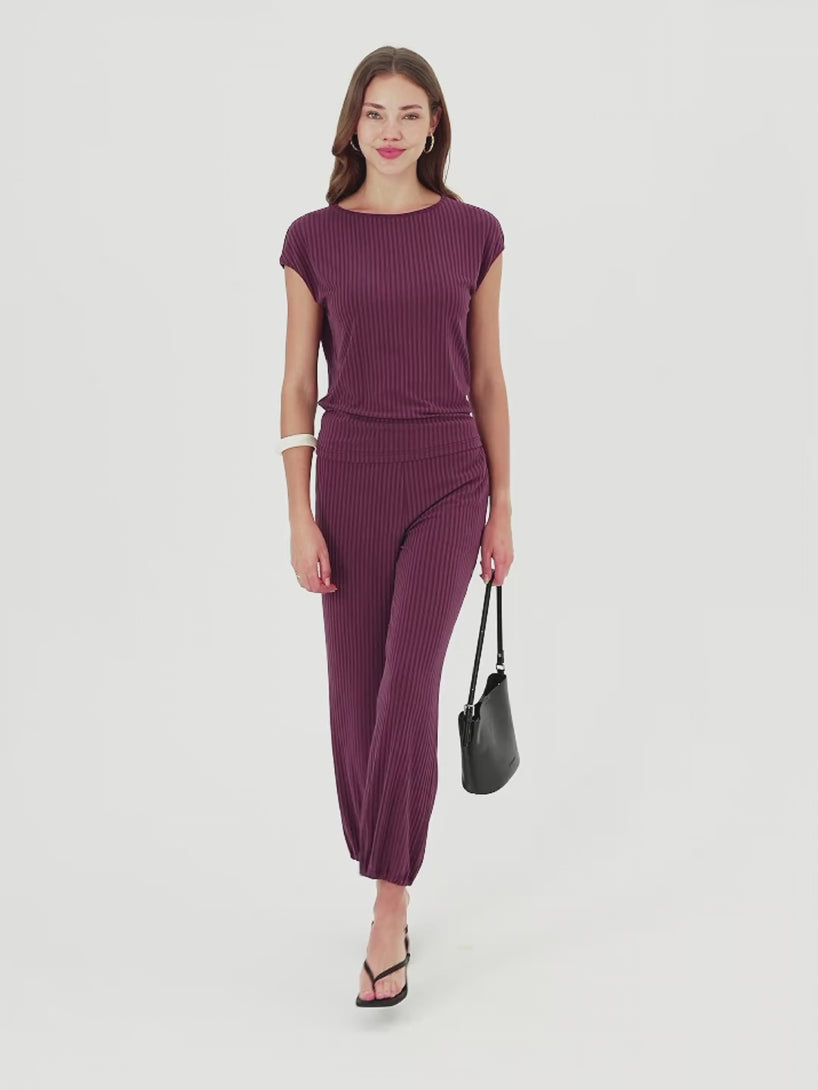 OGLmove 2Pcs Set Wrinkle-Free Cap Sleeve Top & Mid-Rise Cropped Pants