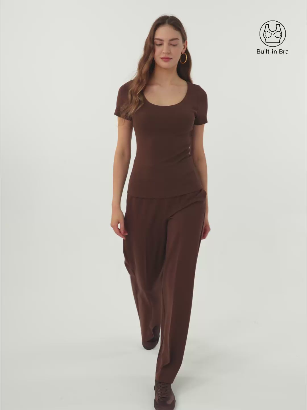 2Pcs Set Scoop Neck Cotton Brami & High Rise Wide Leg Trouser with Pockets