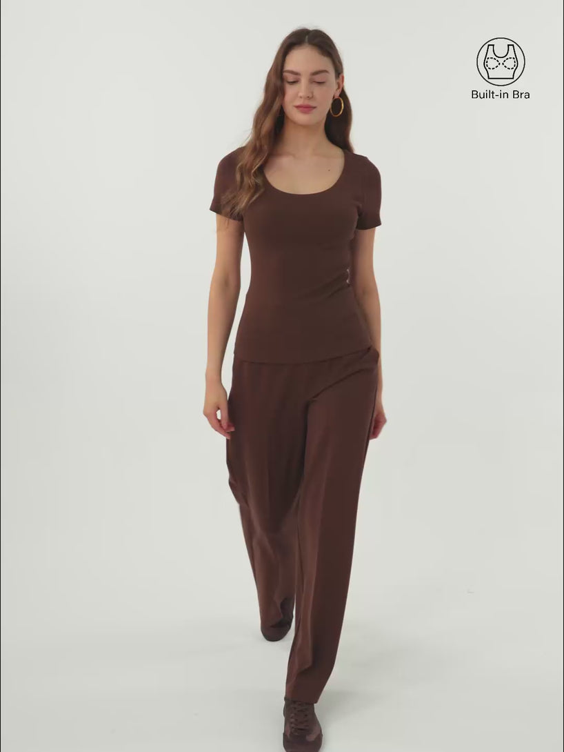 2Pcs Set Scoop Neck Cotton Brami & High Rise Wide Leg Trouser with Pockets