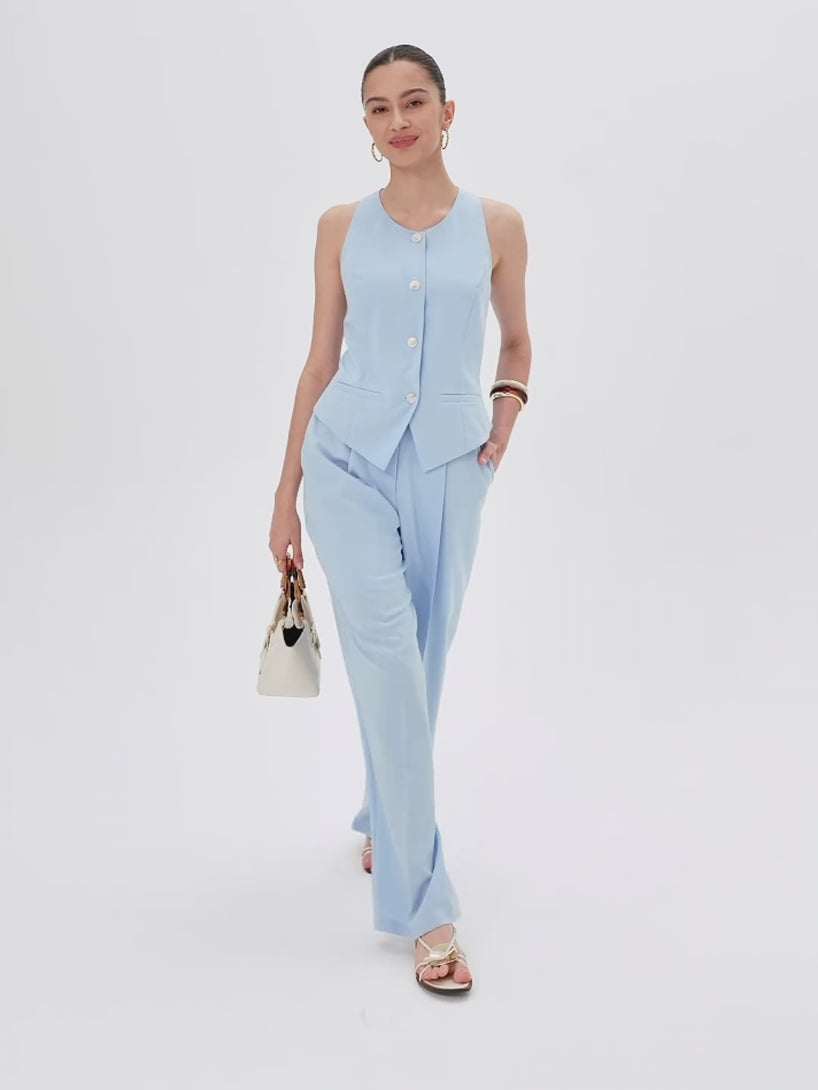 OGLmove 2Pcs Set Waistcoat with Pockets & Wide Leg Pant