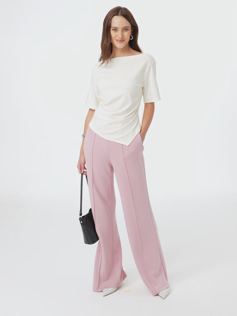 OGLmove Cotton Blend Boatneck Elbow Sleeve Asymmetrical Tucked Top