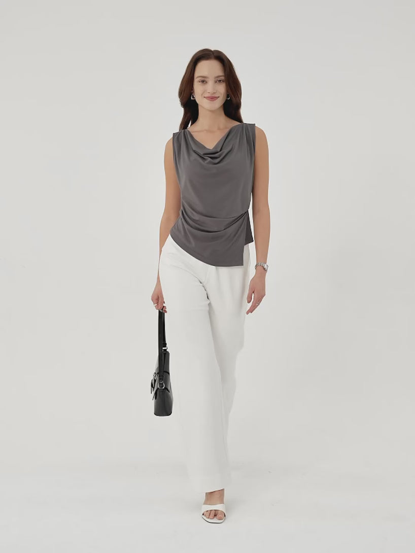 Cowl Neck Asymmetrical Tucked Sleeveless Top