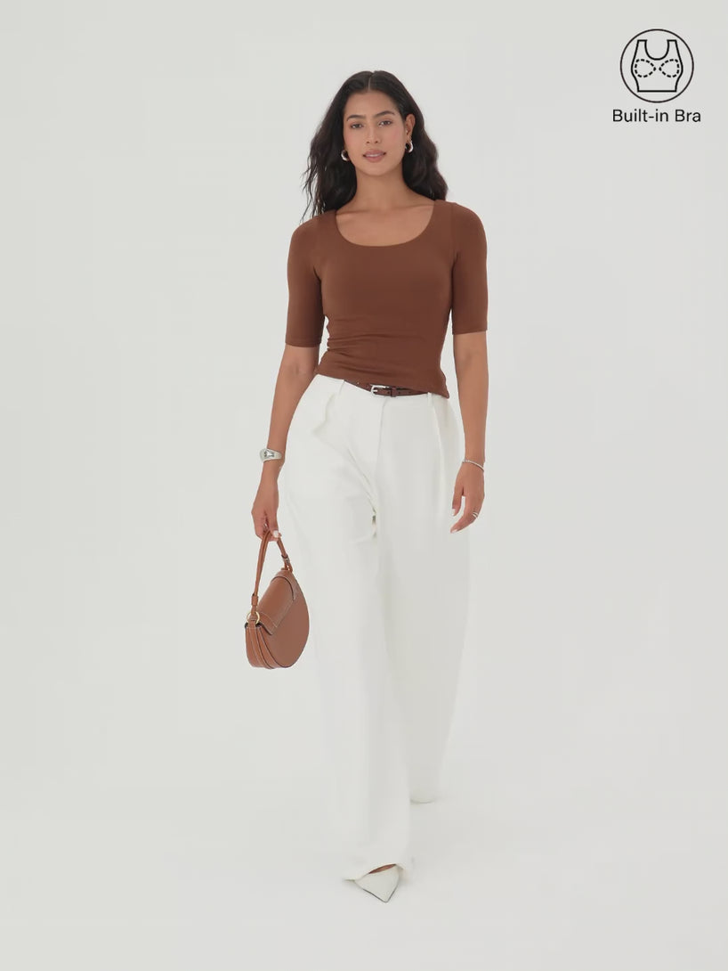 OGLmove Essential Elbow Length Sleeve Square Neck Bra Tops