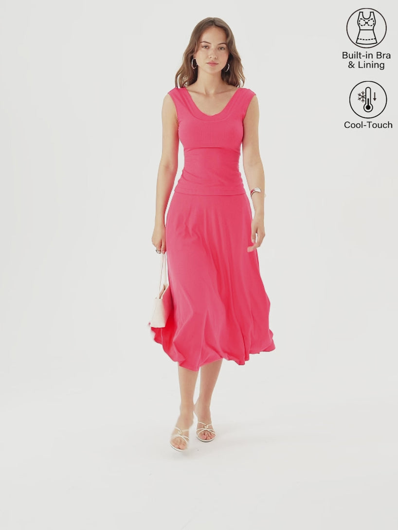 OGLmove 2Pcs Set U-Neck Bra Tank & Midi Skirt with Pockets