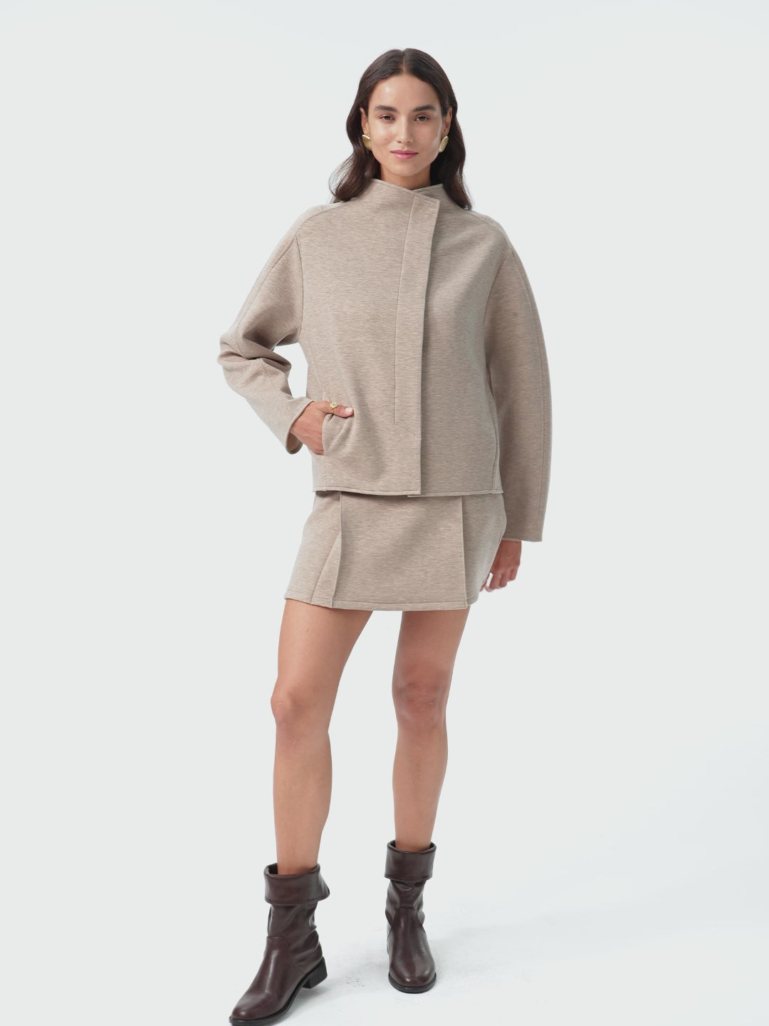 2Pcs Set Stand Collar Cropped Jacket & A-Line Pull on Skorts with Pockets