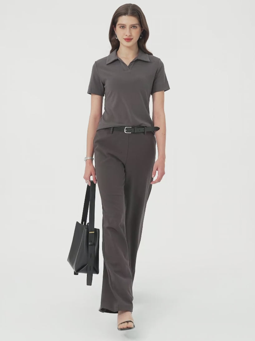 Stretch Cotton Mid Rise Flared Wide Leg Pull-on Pants with Pockets