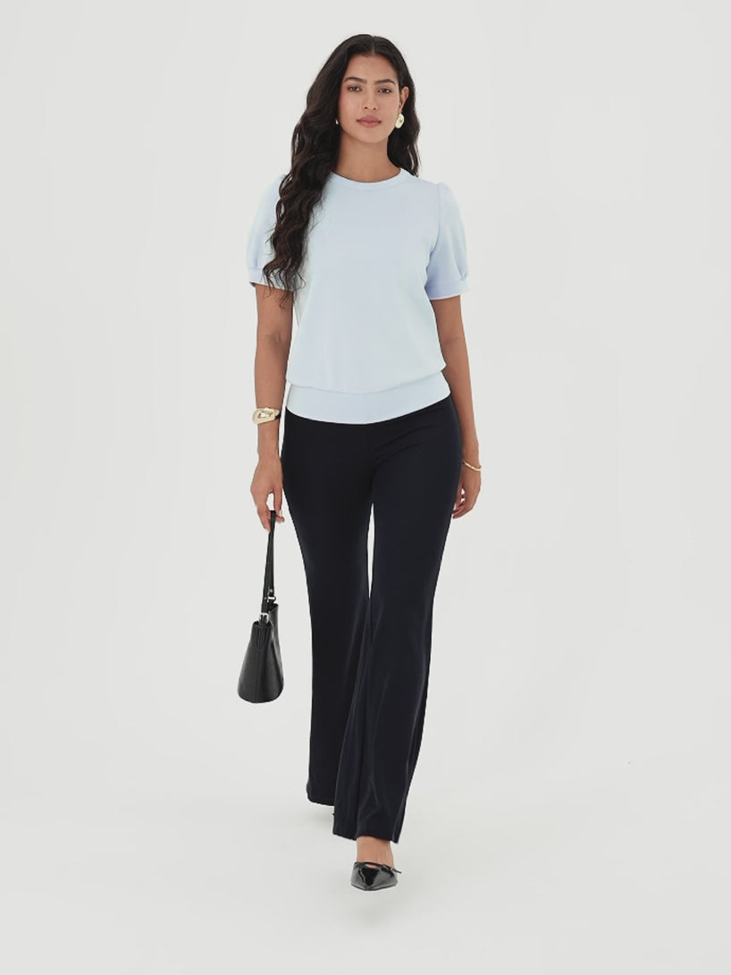 OGLmove Lyocell Spacer Round Neck Puffed Short Sleeve Banded Hem Top