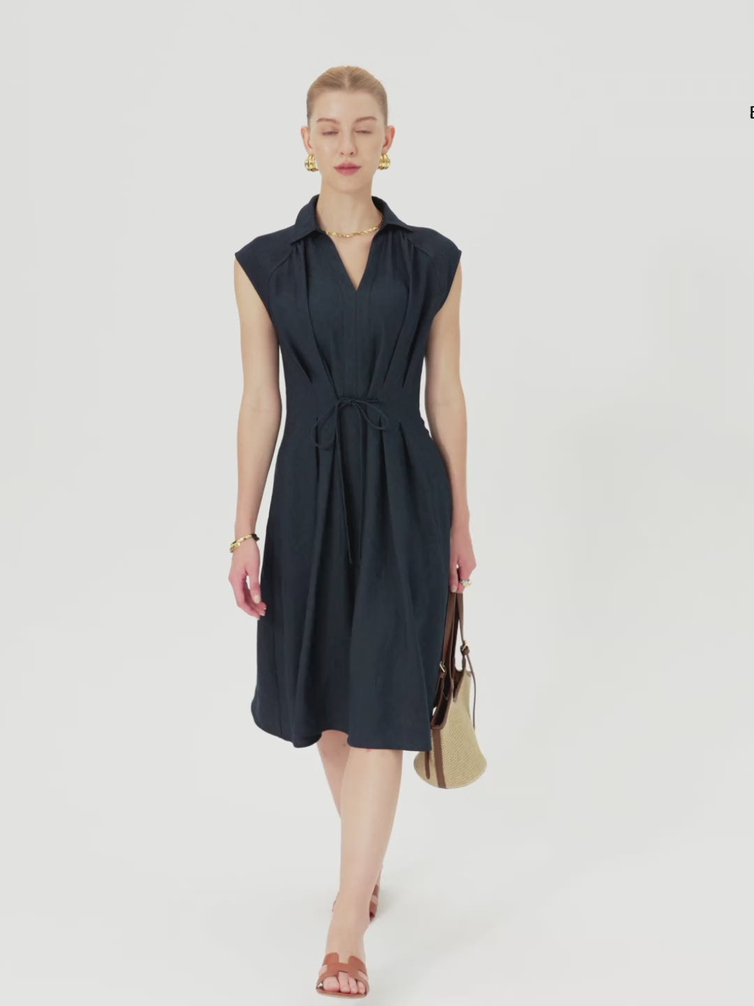 Viscose-Linen Collared V-neck Midi Dress with Drawstring