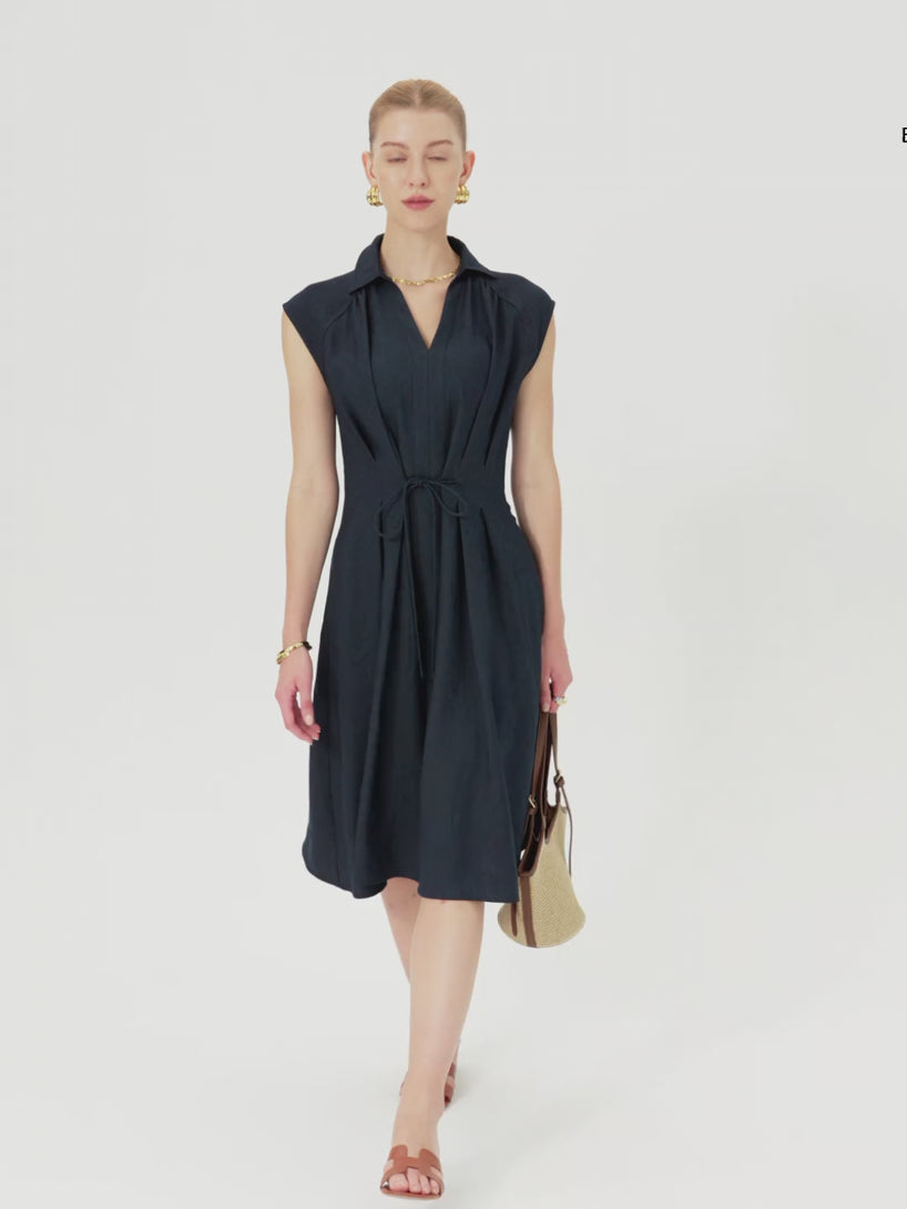Viscose-Linen Collared V-neck Midi Dress with Drawstring