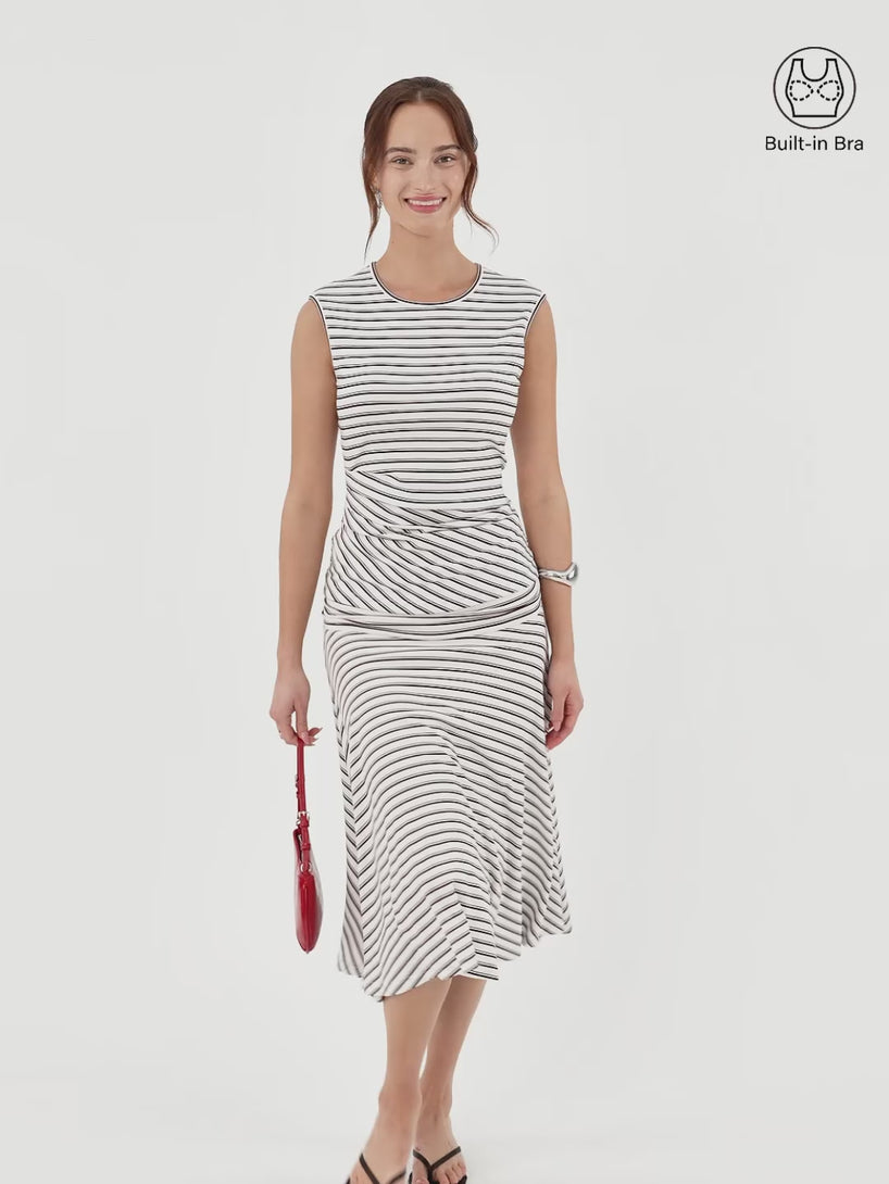 OGLmove 2Pcs Set Striped Tucked Sleeveless Bra Top & Circle Flare Ruched Midi Skirt