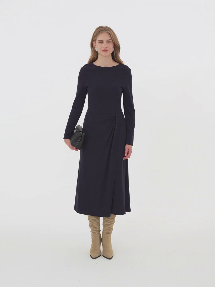 OGLmove Viscose Ponte Boatneck Long Sleeve Tucked Midi Dress