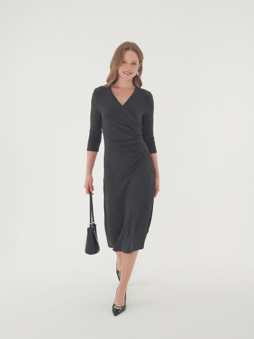 OGLmove Eco-Mousse® Surplice 3/4 Sleeve Side-Tuck Midi Dress