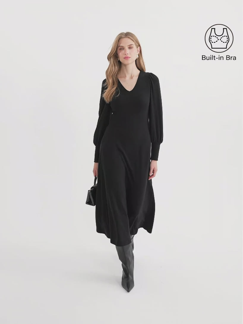 OGLmove ProWarm V-Neck Puff Sleeve Built-In Bra Midi Dress 2.0 with Pockets