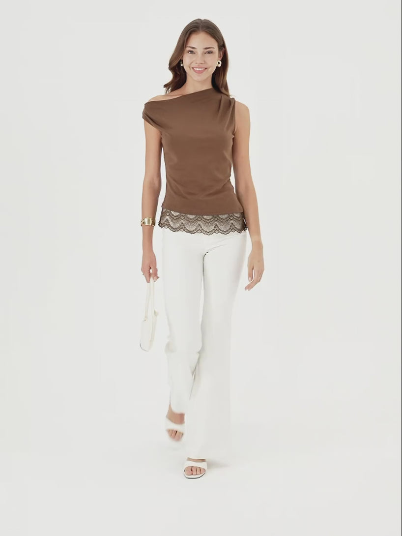 OGLmove Lace Trim Cotton Lyocell Asymmetrical Shoulder Top