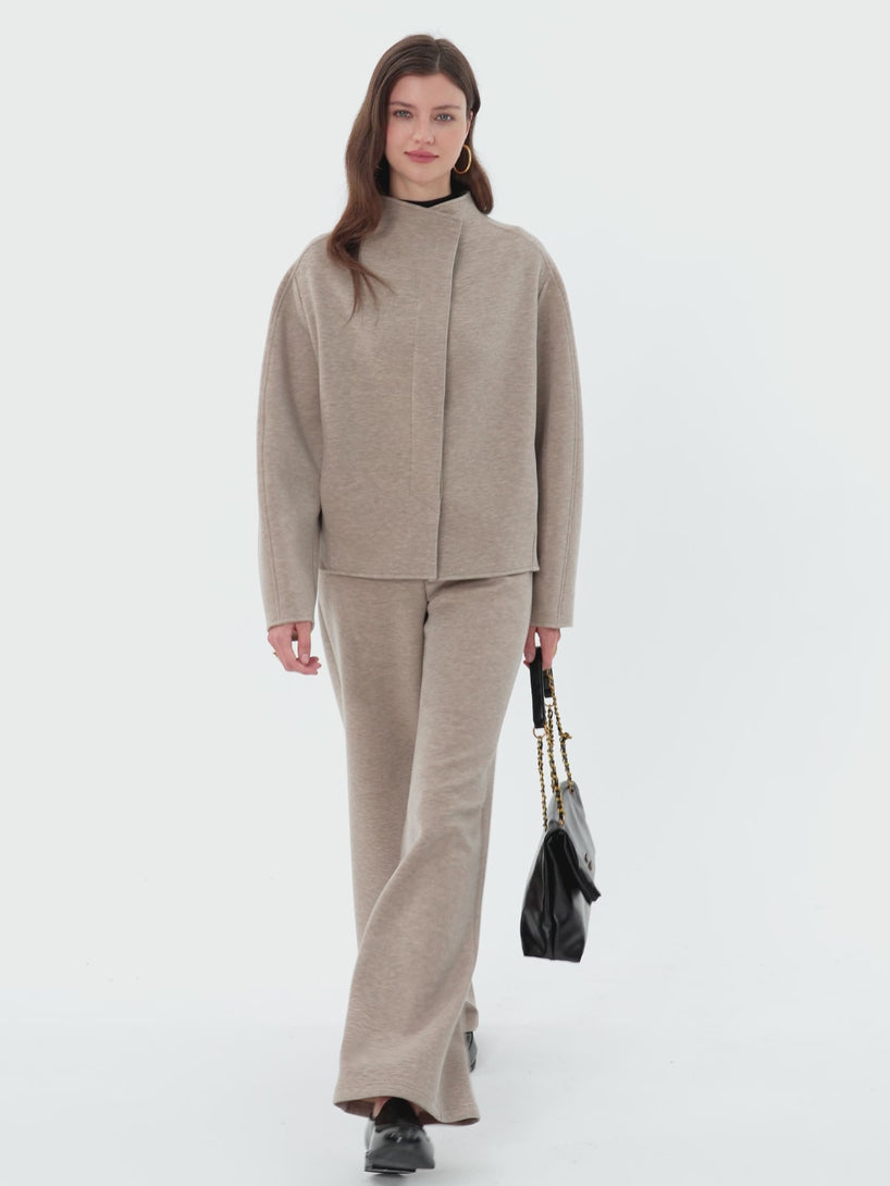 2Pcs Set Stand Collar Jacket & Double Waistband Straight Pants with Pockets