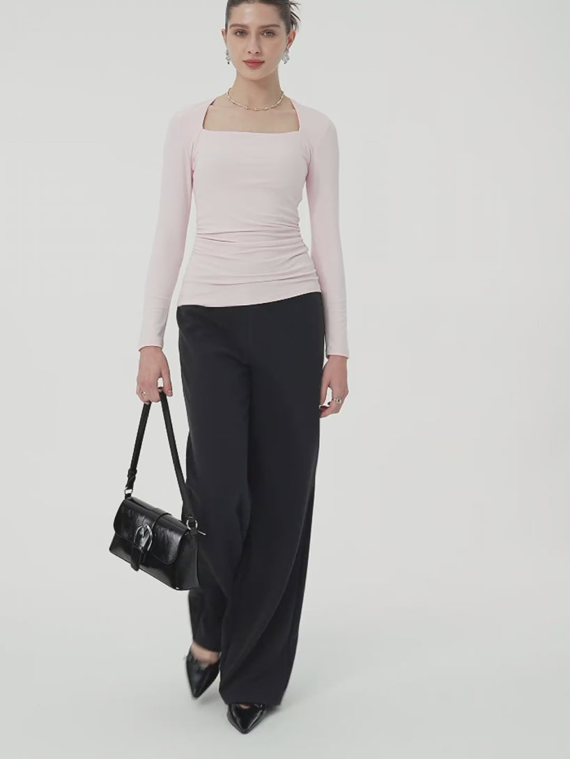 Stretch Cotton Blend Mid Rise Straight Leg Pants with Pockets