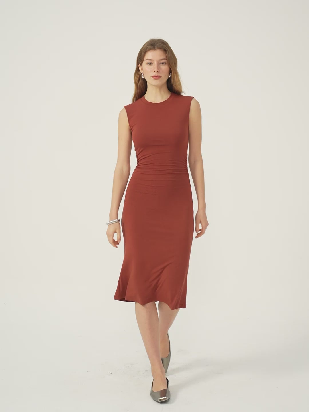 Ogl Eco-SkinKiss® Ruched Side Wide Shoulder Crew Midi Dress