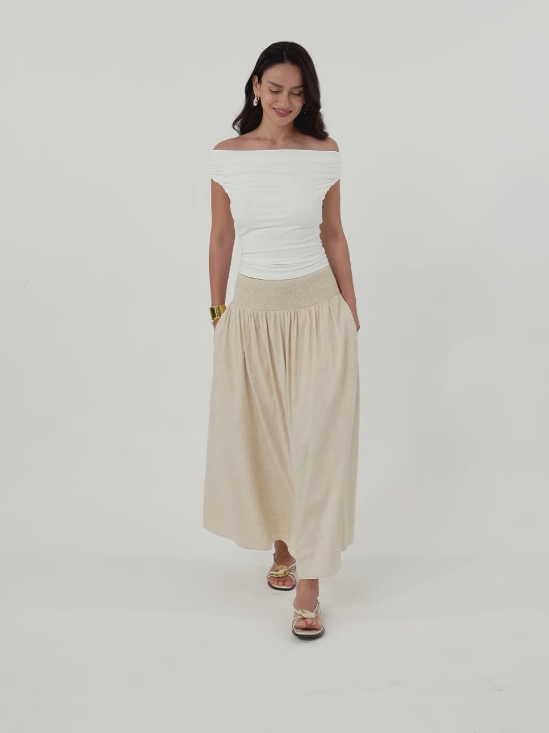 European Linen Smocked Waist Skirt with Pockets