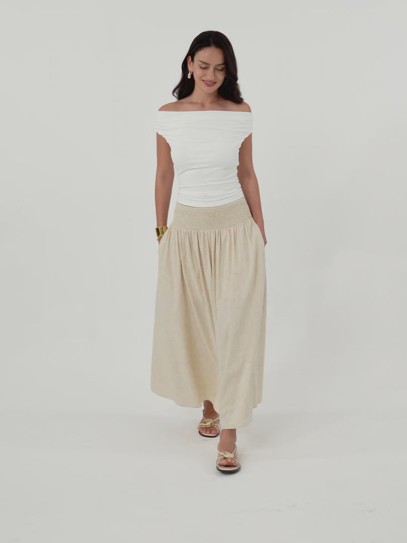 European Linen Smocked Waist Skirt with Pockets