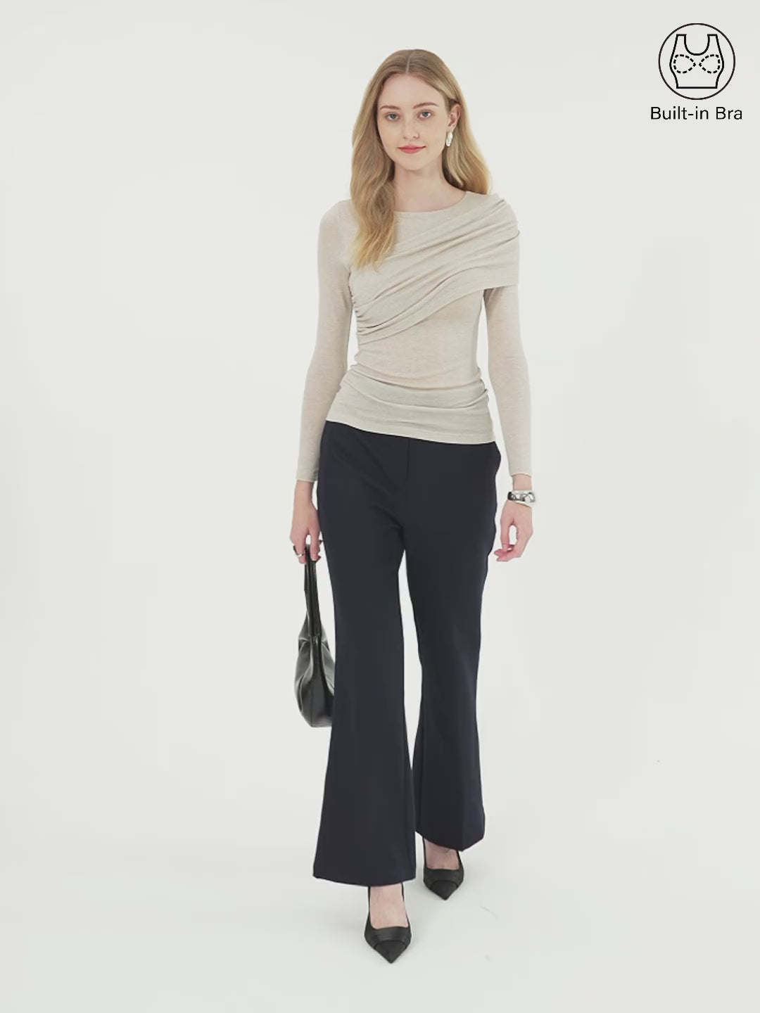Tencel-Wool Gathered Semi Sheer Long Sleeve Brami Top