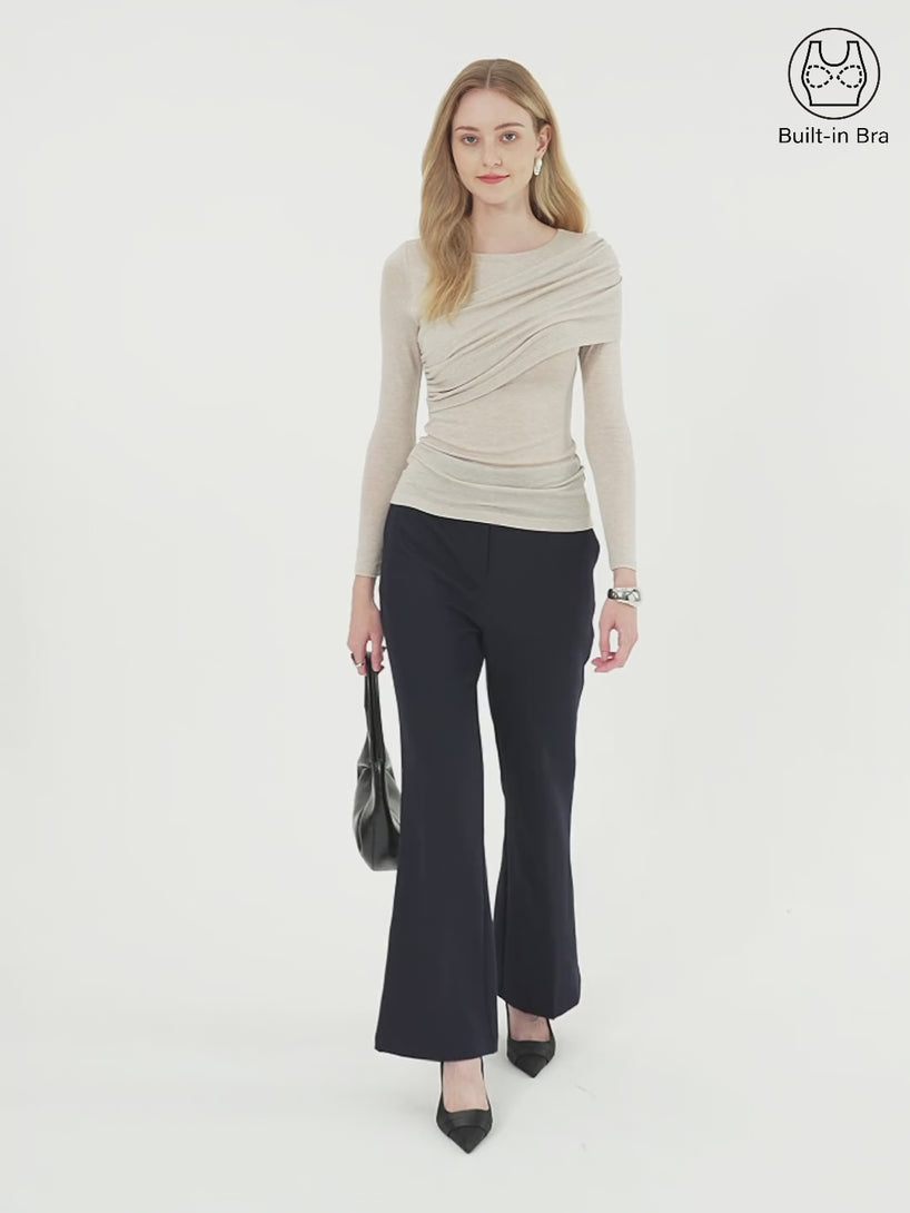 Tencel-Wool Gathered Semi Sheer Long Sleeve Brami Top