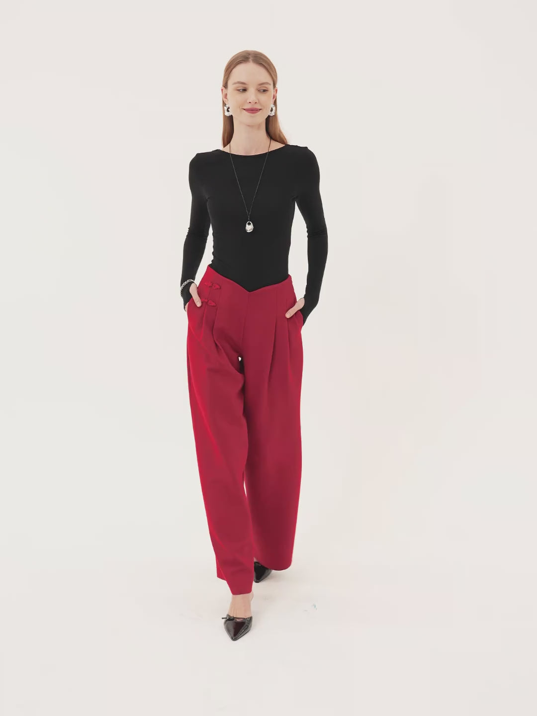 Statement Frog Button High Rise Wide Leg Pants with Pockets