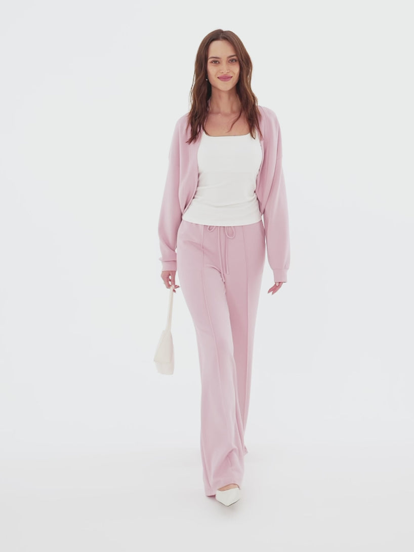 OGLmove 2Pcs Set Long Sleeve Drop-Shoulder Cardigan & High-Rise Flare Pants with Pockets