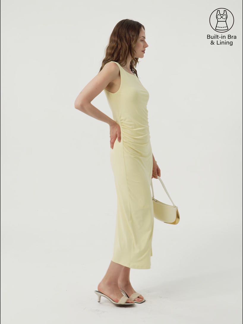 OGLmove Matte Smooth Boatneck Ruched Midi Bra Dress