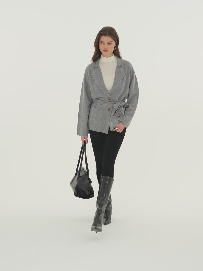 OGLmove Merino Blend Peaked Lapel Long Sleeve Belted Cardigan with Pockets
