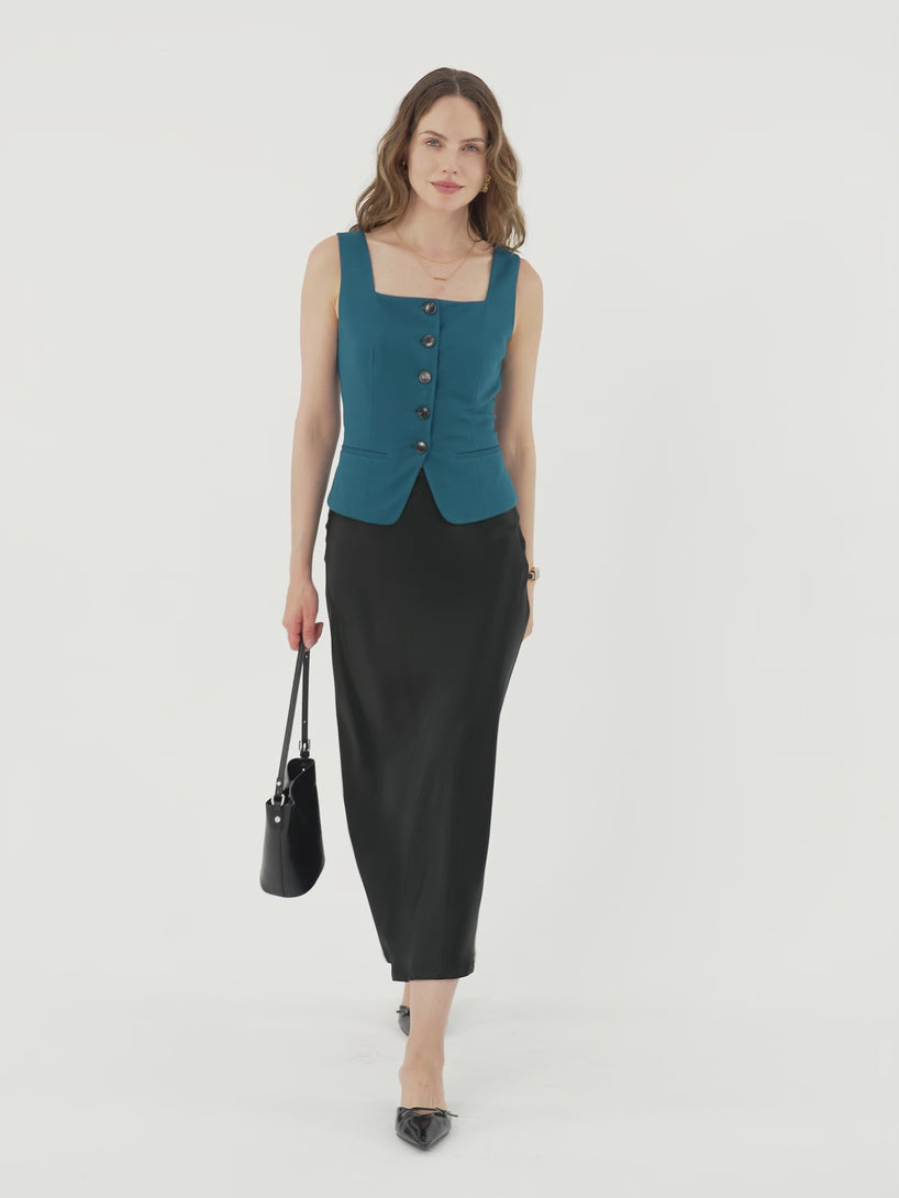 OGLmove Stretch Ponte Square Neck Cropped Waistcoat with Pockets