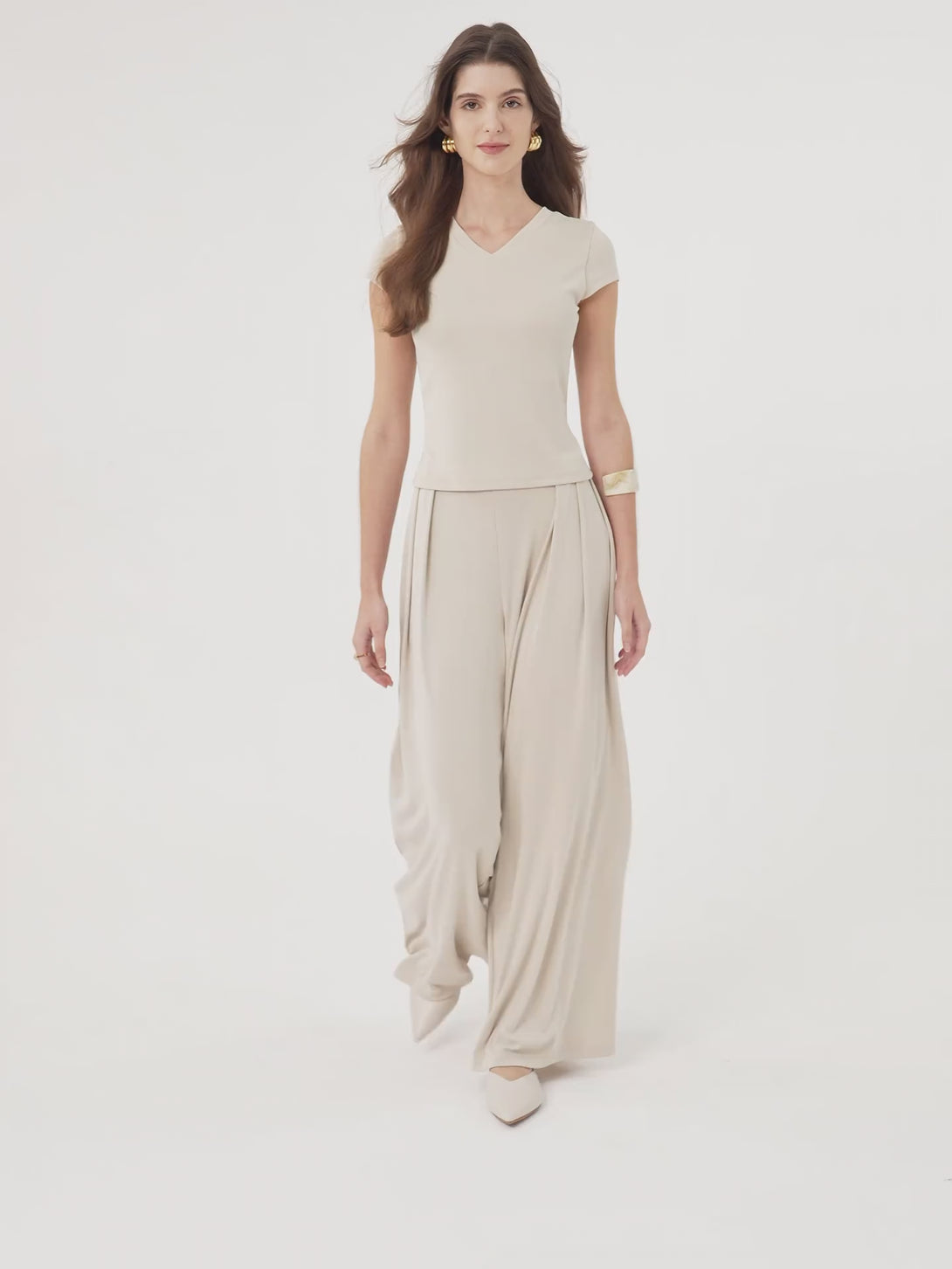 Sandwashed Mid Rise Pleated Wide Leg Palazzo Pants with Pockets