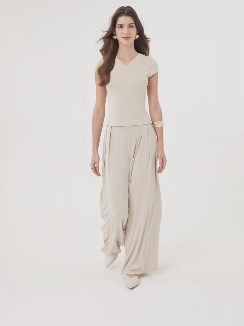 Sandwashed Mid Rise Pleated Wide Leg Palazzo Pants with Pockets
