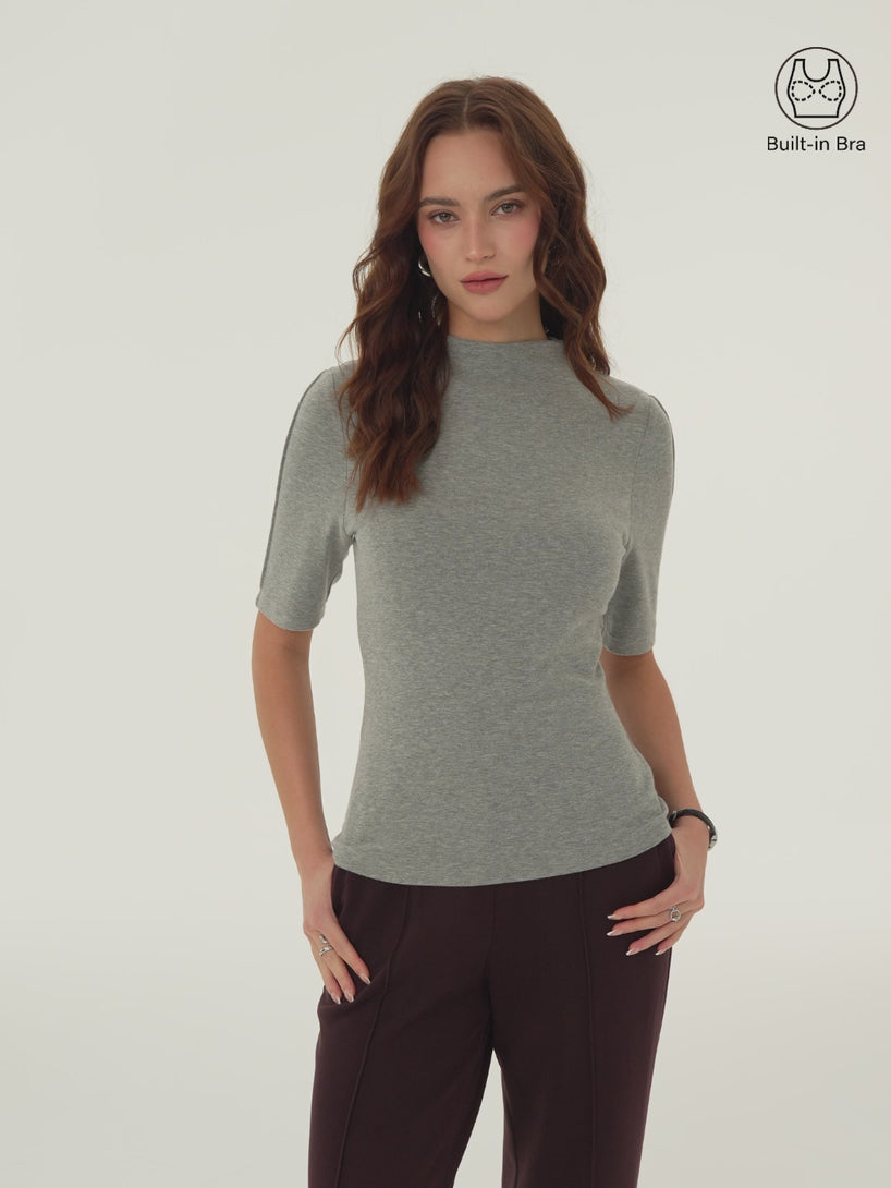 OGLmove LiteWarm Mock Neck Elbow Sleeve Pintuck Built-In Bra Top