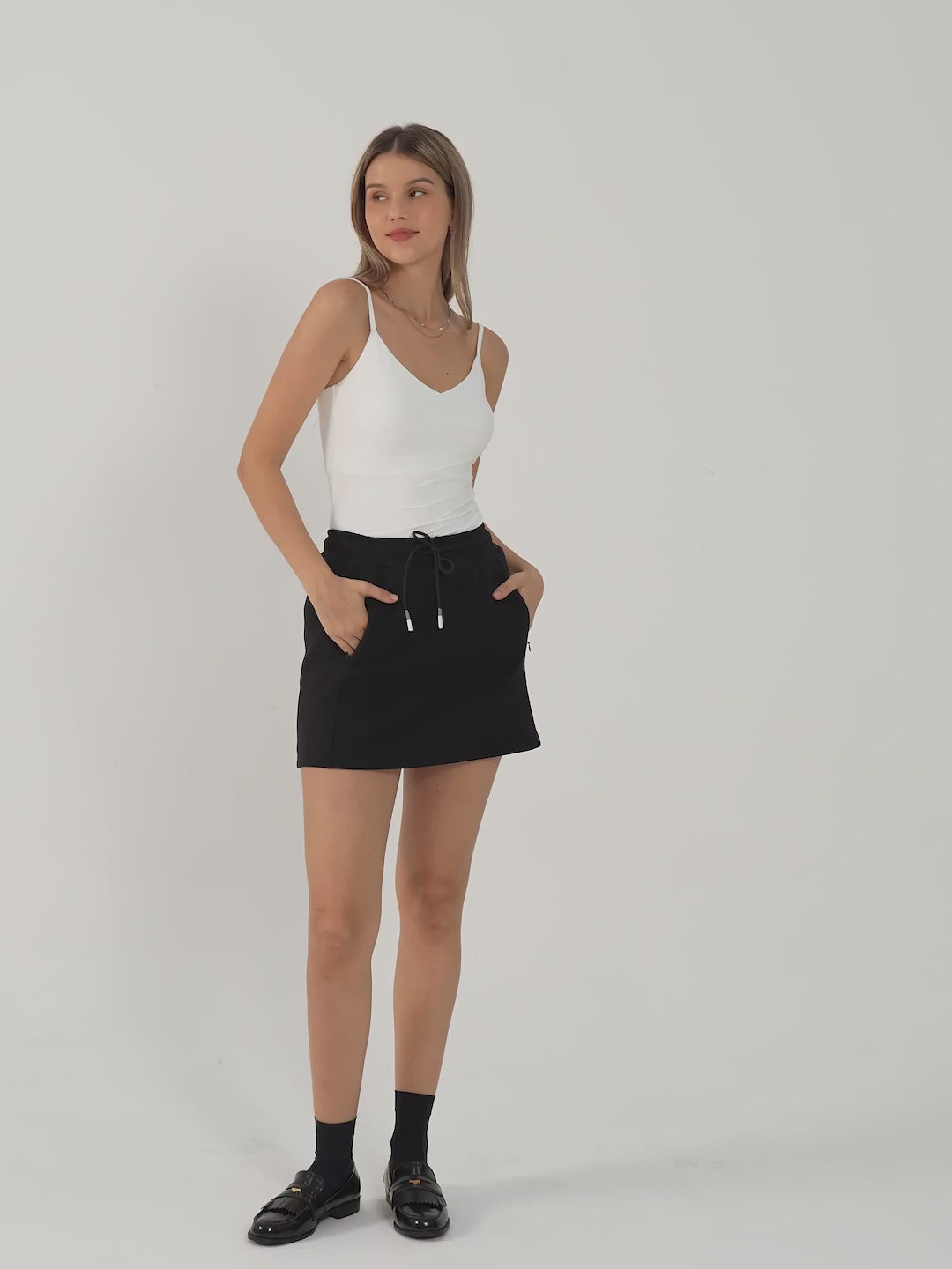 Elastic Waist Mini Skirt with Lined Shorts - Black