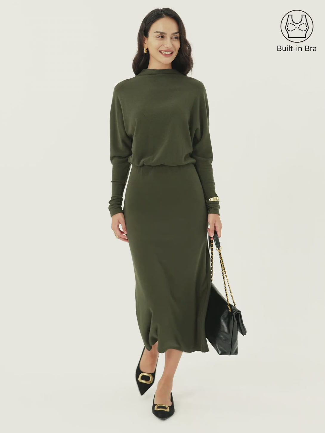 Mockneck Batwing Sleeve Cinched Waist Midi Dress