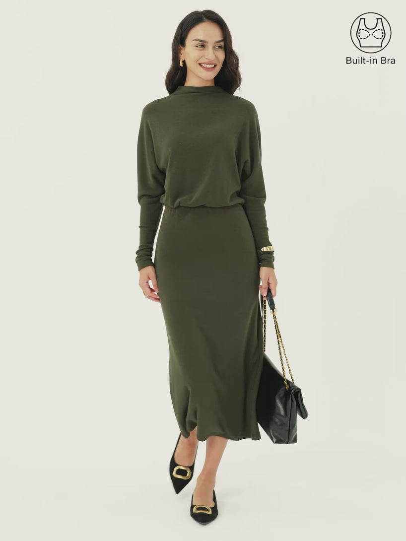 Mockneck Batwing Sleeve Cinched Waist Midi Dress